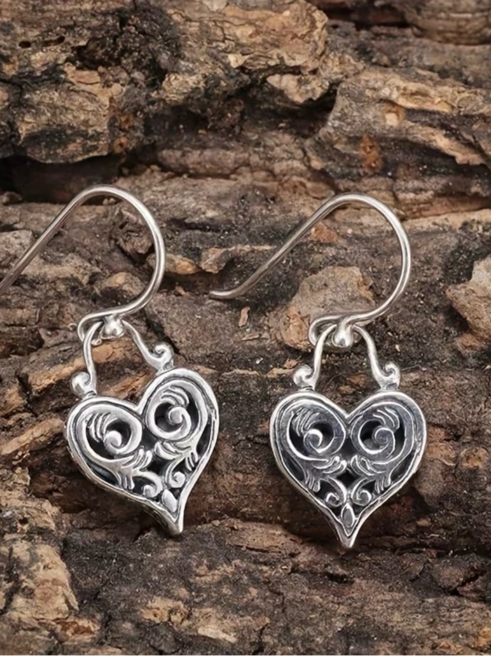 Sterling Silver Heart Filigree Drop Earrings - Silver